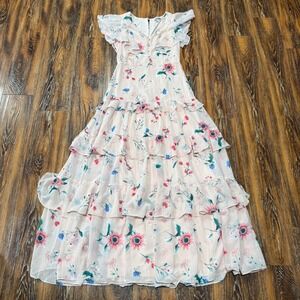 Attic Salt Pink Floral Tiered Ruffle Maxi Dress Flutter Sleeve V-Neck Size S